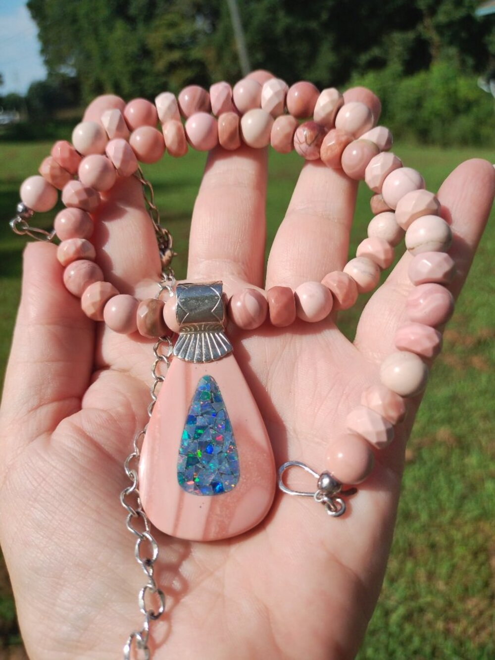 Jay King DTR 925 Sterling Silver Pink Opal Bead Blue Opal Inlay Pendant Necklace